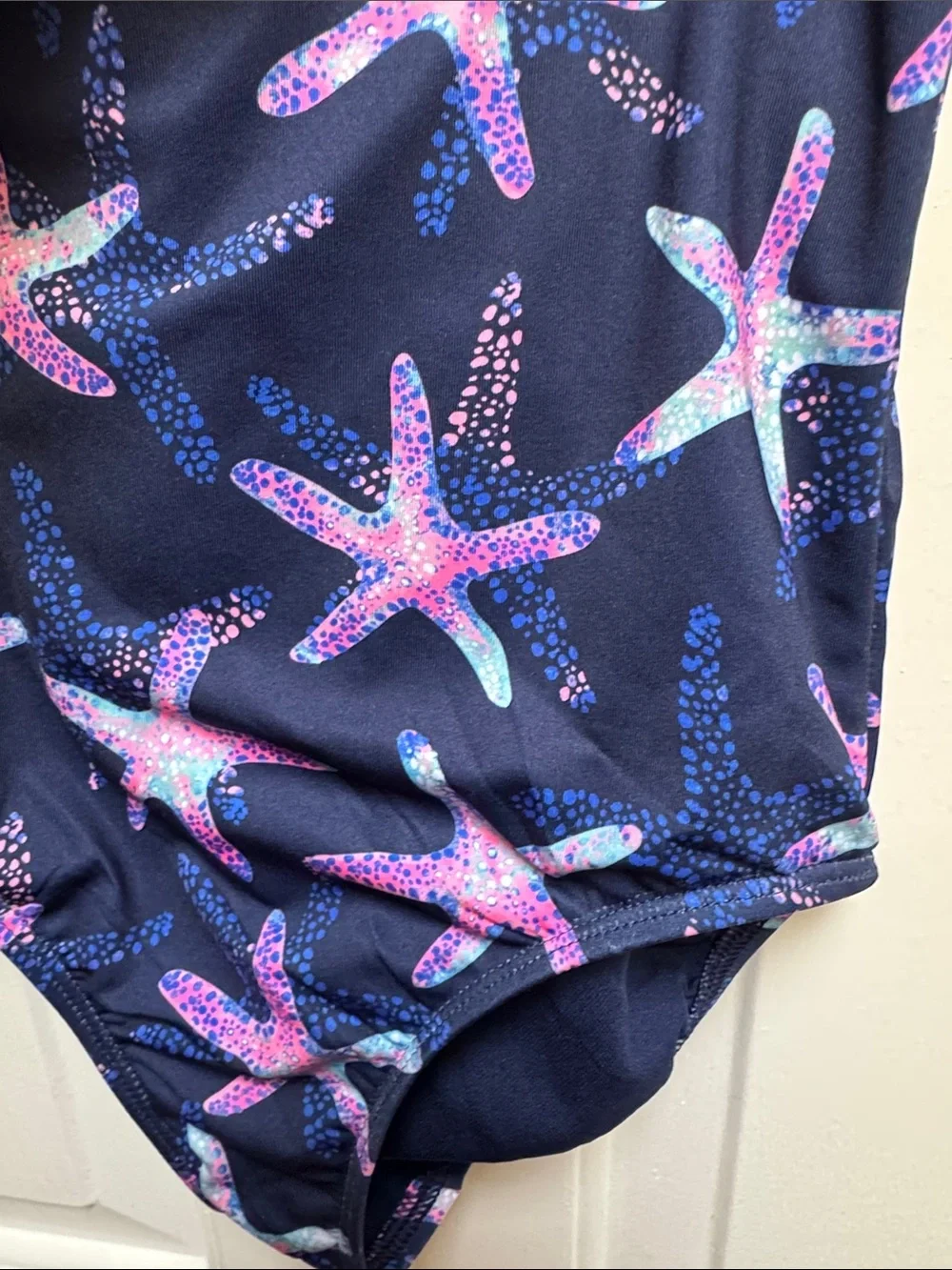 Lands End Girls size 6-7 S Navy Blue w/ Pink & Green Starfish 1 Piece Swimsuit - Picture 5 of 17